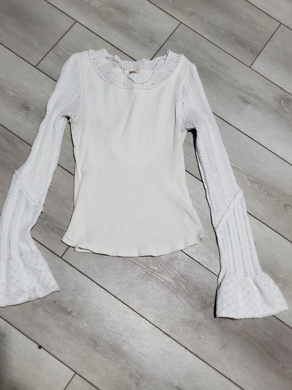Free People White Crochet OpenKnit Bell-Sleeve M Boho Cottagecore Fairy Coastal